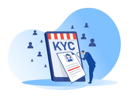 KYC or know your customer with business verifying the identity of its clients concept at the partners-to-be through a magnifying glass vector illustratorのイラスト素材