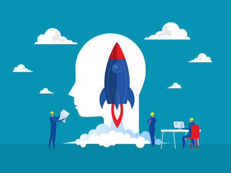 business project start up People launch spaceship rocket; development products; marketing company; creative idea and innovation new original symbol vector conceptのイラスト素材