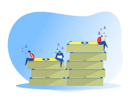 Businessman sitting on money from scratch and investing cash profits, career growth, vector illustrator.のイラスト素材