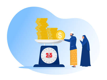 muslim man pay zakat from profit on ramadan kareem vector illustrator.のイラスト素材
