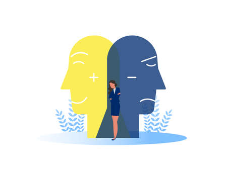 Imposter syndrome; masks with happy or sad expressions.Bipolar disorder; fake faces and emotions. Psychology; false behavior or deceiver.vector illustratorのイラスト素材