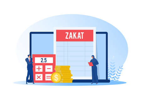 muslim woman and man pay zakat from profit on ramadan kareem vector illustrator.のイラスト素材