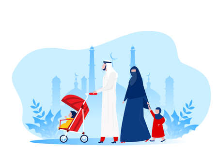 Muslim Arabic family walking in park Kid ,cartoon characters flat vector illustration.のイラスト素材