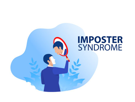 Imposter syndrome.businessman Holding a mirror with fear shadow behind. Anxiety and lack of self confidence at work,the person fakes is someone else conceptのイラスト素材