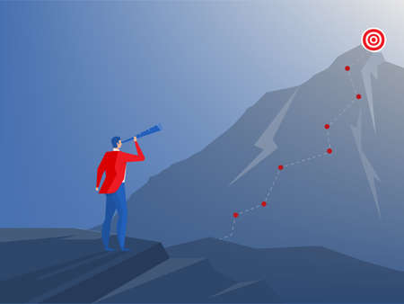 businessman standing on top of cliff with telescope.vision Strategy, planning,business conceptのイラスト素材