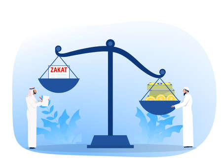 muslim pay zakat concept. muslim law and regulations financial advisor justice.  Flat cartoon vector illustrationのイラスト素材