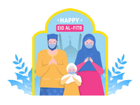 Happy Muslim parents and child pray on religious holiday characters on cartoon flat vectorのイラスト素材