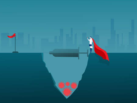 doctor take vaccine coronavirus for walking across mark to red flag in illustration vector. Problem solution crisis concept.のイラスト素材