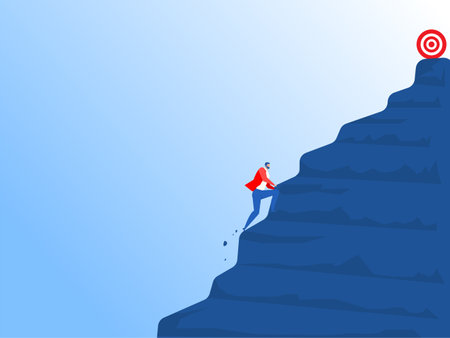 businessman climbs a steep mountain to forward goal. Vector cartoon illustrationのイラスト素材