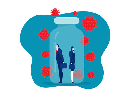 woman and man business in vaccin bottle protect from covid 19 or coronavirus concept vector illustratorのイラスト素材