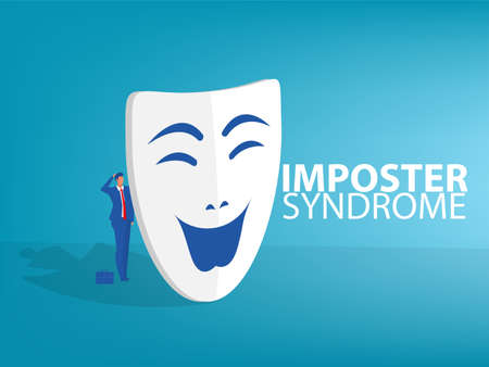 Imposter syndrome.man standing behind mask . Anxiety and lack of self confidence at work; the person fakes is someone elseのイラスト素材