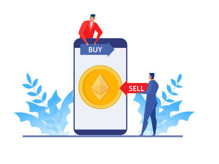 Businessman analysis stock market on laptop, buy and sell price Ethereum coin. Flat  vector illustration concept design.のイラスト素材