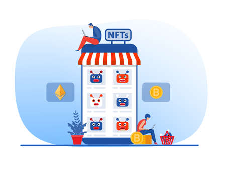 Non fungible token market place collection art illustration landing page for websites, landing pages, mobile applications vectorのイラスト素材