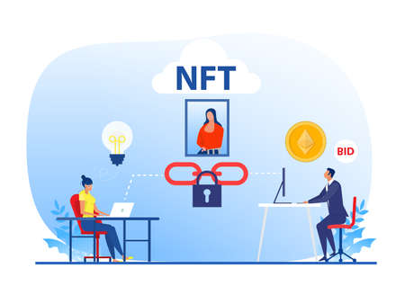 Non fungible token sell and buy art on market place illustration landing page for websites,blockchain concept  vectorのイラスト素材