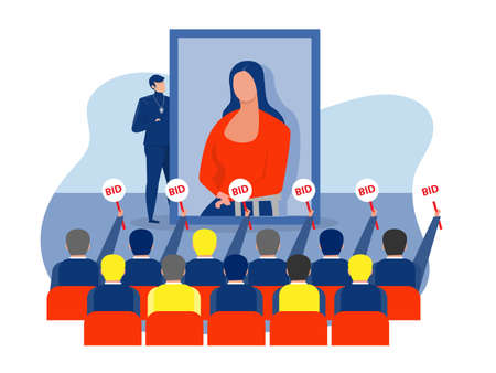Artist standing on stage in front of audience making presentation with art for bid. NFT digital art concept vector illustrationのイラスト素材
