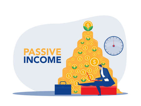 Passive income,businessman make money in front of a notebook as money background.vector Illustrationのイラスト素材