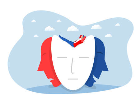 Businessman searching identity masks with happy or sad expressions, Split personality, mood changes, bipolar disorder, Vector illustration.のイラスト素材