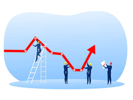 Businessman group holding decreasing chart graph arrow up with  with tool wrench conceptのイラスト素材