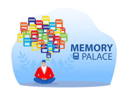 businessman character meditation with colorful Memory Palace , concept vector illustratorのイラスト素材