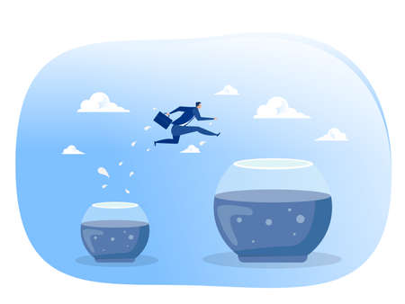 Businessman jumps into bigger empty aquarium. New life, big opportunities, challenge,comfort zone concept Vector illustration.のイラスト素材