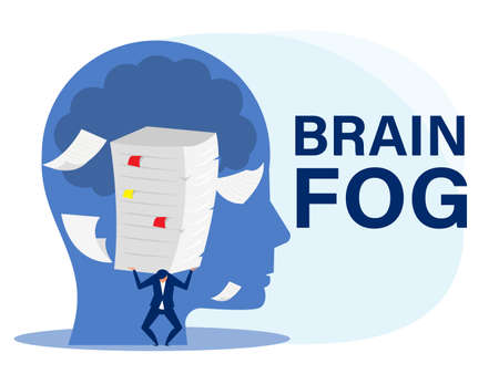 Businessman hard work with many papers on head as anxiety, brain fog, crisis,concept vector illustratoのイラスト素材