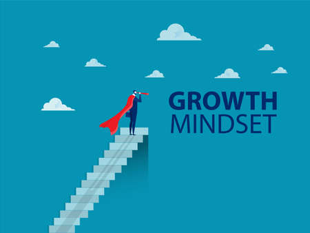 businessman looks in the telescope at top stair. growth mindset concept vector illustratorのイラスト素材