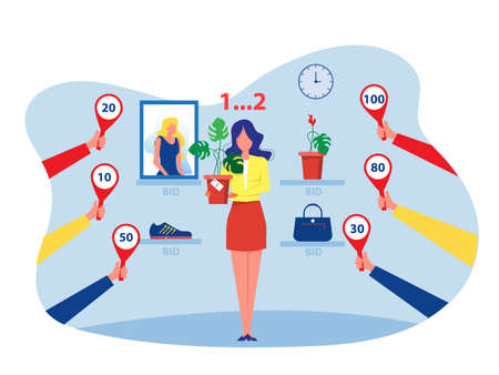 Woman Selling offer bid or Auction business concept,  Vector Illustration.のイラスト素材