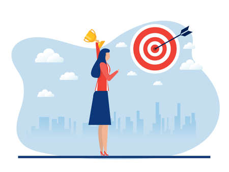 woman holding award gold metal cup, Winner award successful concept vector illustration.のイラスト素材