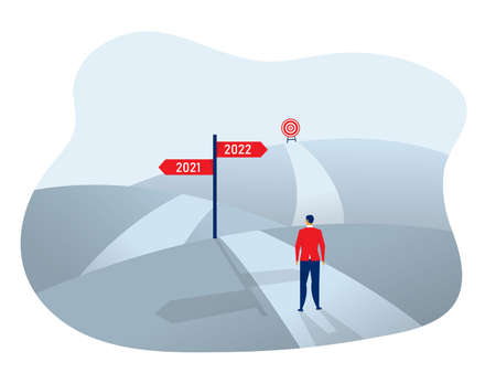 A Businessman standing on the asphalt road over the hills,Decide direction toward goal 2021 vector illustrator.のイラスト素材