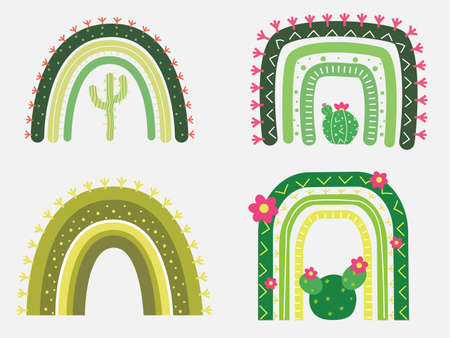 Green Cactus rainbow with flower design vector illustratorのイラスト素材