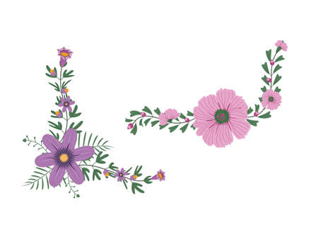 colorful flower and leaf  on white background. Spring foliage set for floral decor. vector illustratorのイラスト素材