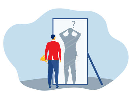 imposter syndrome, businessman looking shadow himself through mirror for Anxiety and lack of self confidence at work vectorのイラスト素材