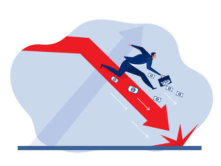 businessman falls down and the arrow is red chart. Cartoon character style vectorv illustrator.のイラスト素材
