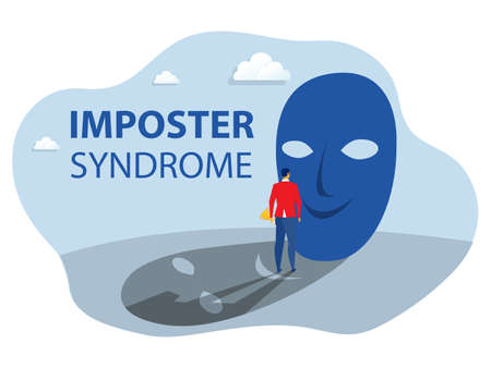 imposter syndrome, businessman trying on carnival masks with happy with  sad expressions shadow vector.のイラスト素材