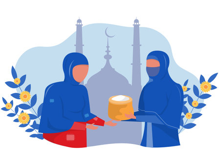 zakat Ramadan,Zakat sadaqah concept of donation in Islam ,muslim people giving to the poor flat vector illustratorのイラスト素材