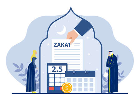 Hand gives notice pay Zaket financial,paperwork, financial research report and calculation of Zakt from profit on ramadan kareem flat vector illustrator.のイラスト素材