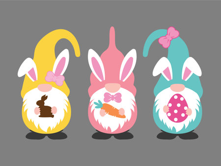Three happy Cute Easter gnomes with bunny rabbit ears holding a carrot, Easter egg, Kids Easter clipart, Easter cut file bunny vector illustration.のイラスト素材