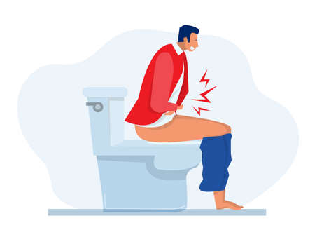 man sitting on the toilet and suffering , Problem with health, feeling bad flat vector illustrationのイラスト素材