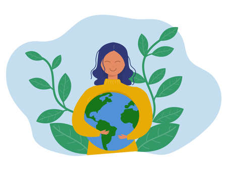 World Earth Day green eco energy , Young  woman embracing the planet Earth with World Earth Day and Save the Planet concept of conservation, protection and reasonable consumption of natural resources.のイラスト素材