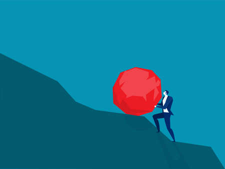 Bisinessman rolling huge boulder up the hill.  challenge vector conceptのイラスト素材