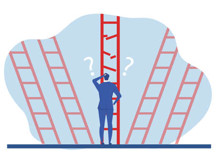 businessman  standing looking at broken ladder feeling not confident,business strategy ,doubt, new way concept vector illustrationのイラスト素材