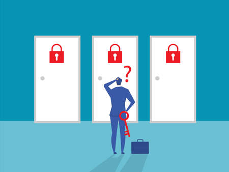 businessman confuse and thinking hard to choose the right door with lock , question mark difficult ways, vector concept vector illustratorのイラスト素材