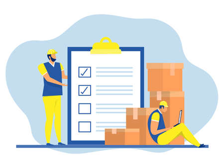 business delivery, man with parcel box and list of parcels,Online shopping, logistics and transportation. Responsible employee and fast delivery. Cartoon flat vector illustrationのイラスト素材