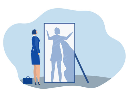 businesswoman looking at herself in mirror dreaming with super hero with strong motivation Super Hero Shadow Leadership Motivation Silhouette Concept Vector illustrationのイラスト素材