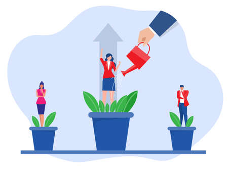 Hand watering business growing and watering development,Leader growth team employee, mentorship business company, hr specialist grow professional  vector illustration.のイラスト素材