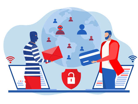 Criminal  hacking on laptop screen stealing cyber crime, theft of personal data, password, credit card flat vector illustration.のイラスト素材