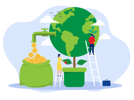 à¸´businessman invest green energy for the save the Earth, save the planet, save energy,the concept of the Earth day, landing page template Vector flat illustrationのイラスト素材