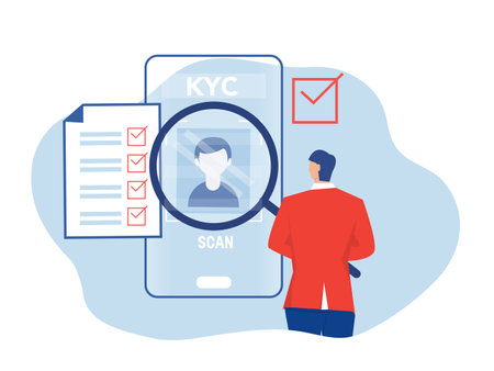 KYC or know your customer with business verifying the identity of its clients concept at the partners-to-be through a magnifying glass vector illustratorのイラスト素材