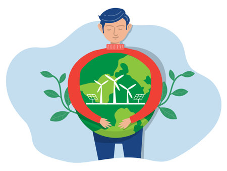 World Earth Day green eco energy , Young  man embracing the planet Earth with World Earth Day and Save the Planet concept of conservation, protection and reasonable consumption of natural resources.のイラスト素材