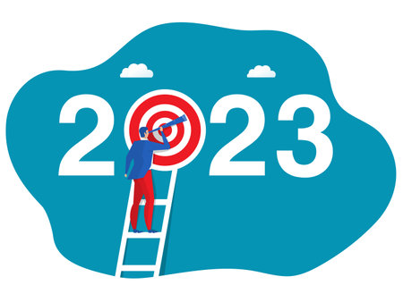 Business vision with binoculars for opportunities in spyglass 2023 the target futher  Visionary sees...